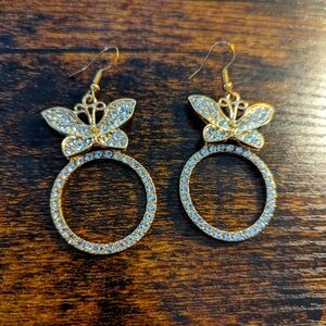 Rhinestone Butterfly Hoop Earrings Set in Gold tone